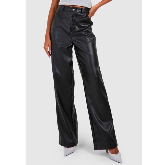 Boohoo Pants - Boohoo Black Faux Leather High Rise Straight Leg Pants